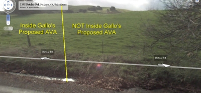 Arbitrary boundary violates federal regs. Image location is point 16 to 17 on map and TTB description. (click to see full-sized photo in new window)